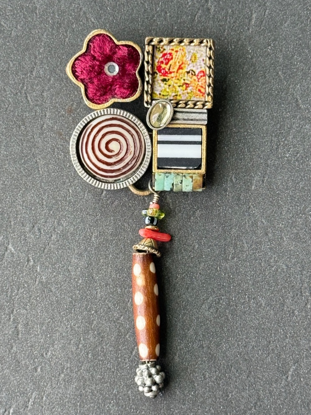 JILL SCHWARTZ ELEMENTS Found Object Assemblage Brooch Eclectic Collage Designer